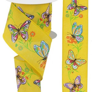 Butterfly ribbon, spring time butterfly summer wired ribbon, 2.5&quot; butterfly ribbon, wired ribbon, yellow multi colored ribbon, RGE111029