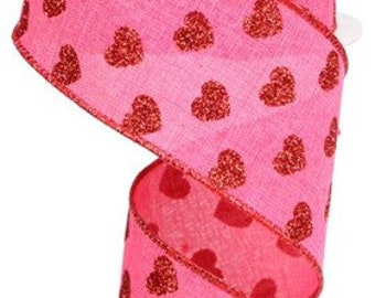 1.5 Glitter Hearts on Hot Pink Ribbon - 10yds