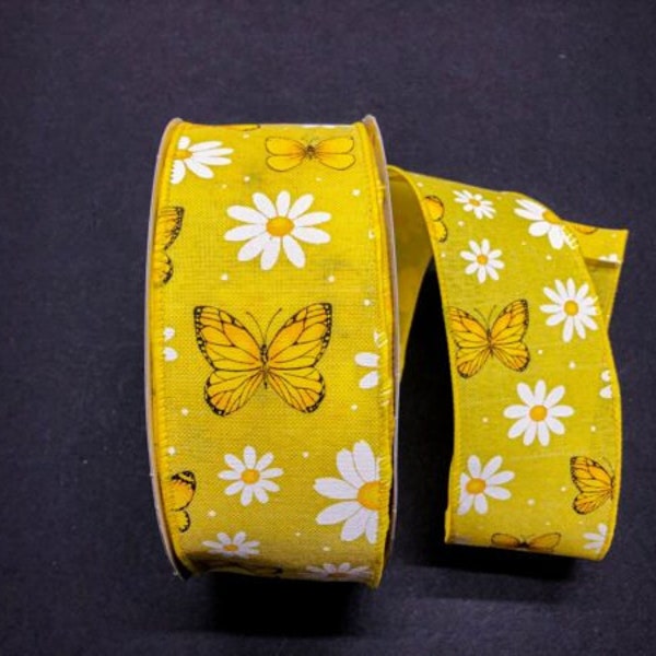 Yellow white black butterfly ribbon, spring time ribbon, summer wired ribbon, 2.5" butterfly ribbon, ribbon by the yard, 841-40-230