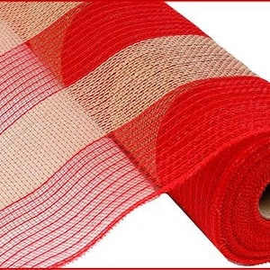 Red Natural Poly Faux Jute Wide Stripe, 21 Inch Red and Natural Wide Stripe Mesh, Christmas Mesh, Patriotic Mesh, Farmhouse Mesh, RY930052