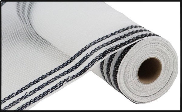 White with Black border stripe metallic deco mesh, 10 inch black whit…