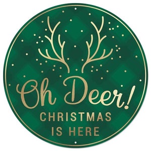 Oh Deer Christmas is here Emerald green metallic gold metal wreath sign, deer sign, Christmas wreath enhancement, round metal wreath sign image 3