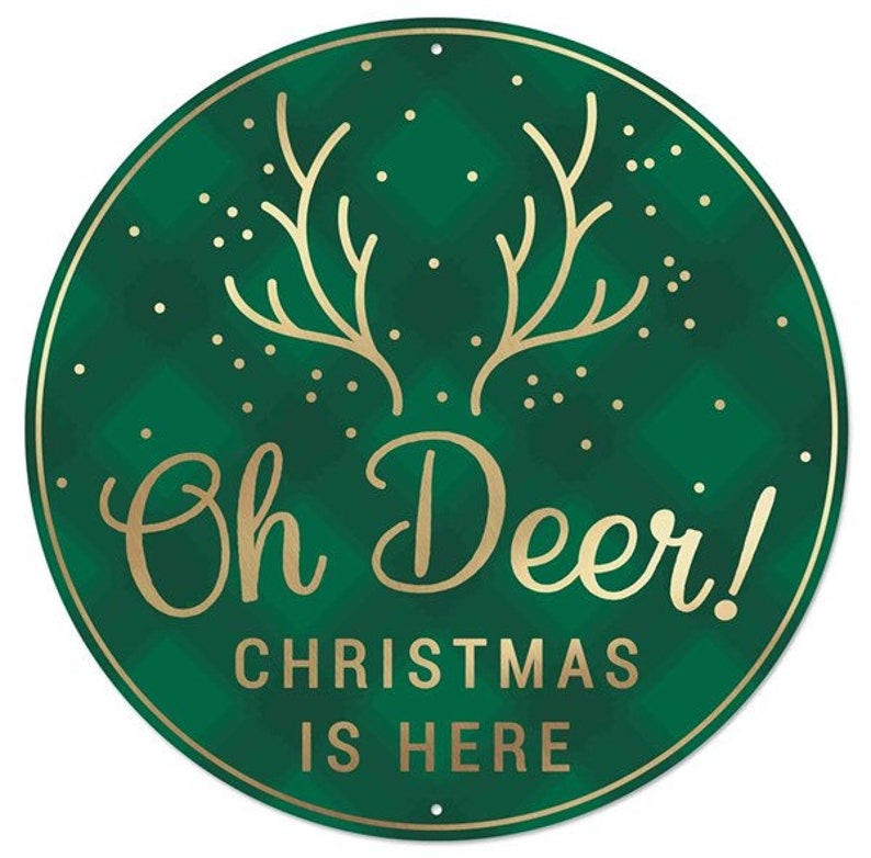 Oh Deer Christmas is here Emerald green metallic gold metal wreath sign, deer sign, Christmas wreath enhancement, round metal wreath sign image 3