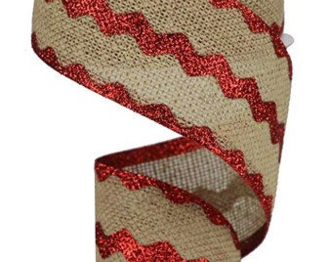 Natural and Red Glitter Ric Rac Wired Ribbon, Glitter Ribbon, Farmhouse ...