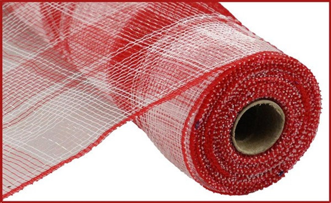 Red White Clear Plaid Deco Mesh, 10 Inch Red Clear White Deco Mesh, 10