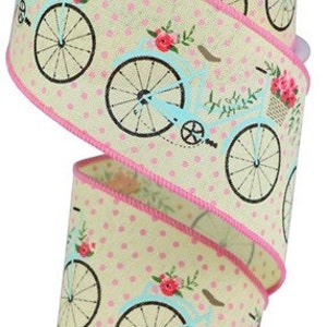 Yellow Bicycle wired ribbon, yellow pink blue green bicycle wired ribbon, Bicycle ribbon, 2.5&quot; ribbon with bicycles, RGA16401T