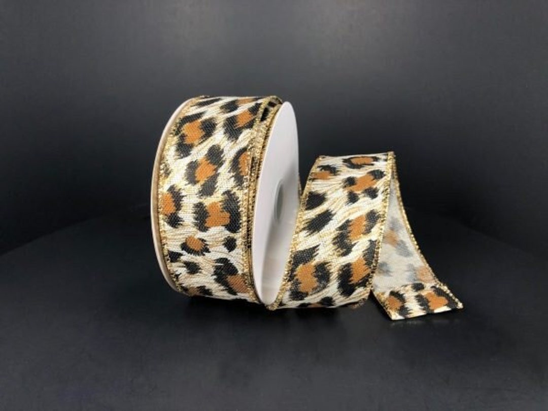 White Black Brown Gold Cheetah Print Wired Ribbon, 1.5
