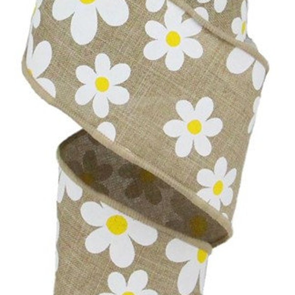 Natural white yellow daisy ribbon, Tan Beige 2.5" Canvas Flower Spring Summer Easter Wreath, Bow Supply, 10 YARD ROLL, floral ribbon