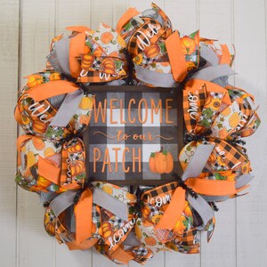 Welcome to our Patch Wreath, Fall Welcome Wreath, Fall outdoor decorations, Pumpkin white black buffalo check wreath, fall front door wreath