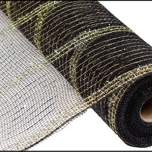 Black gold wide tinsel deco mesh, 21&quot; black gold deco mesh, 21 inch black gold mesh, tinsel stripe mesh, gold black mesh, RY940175