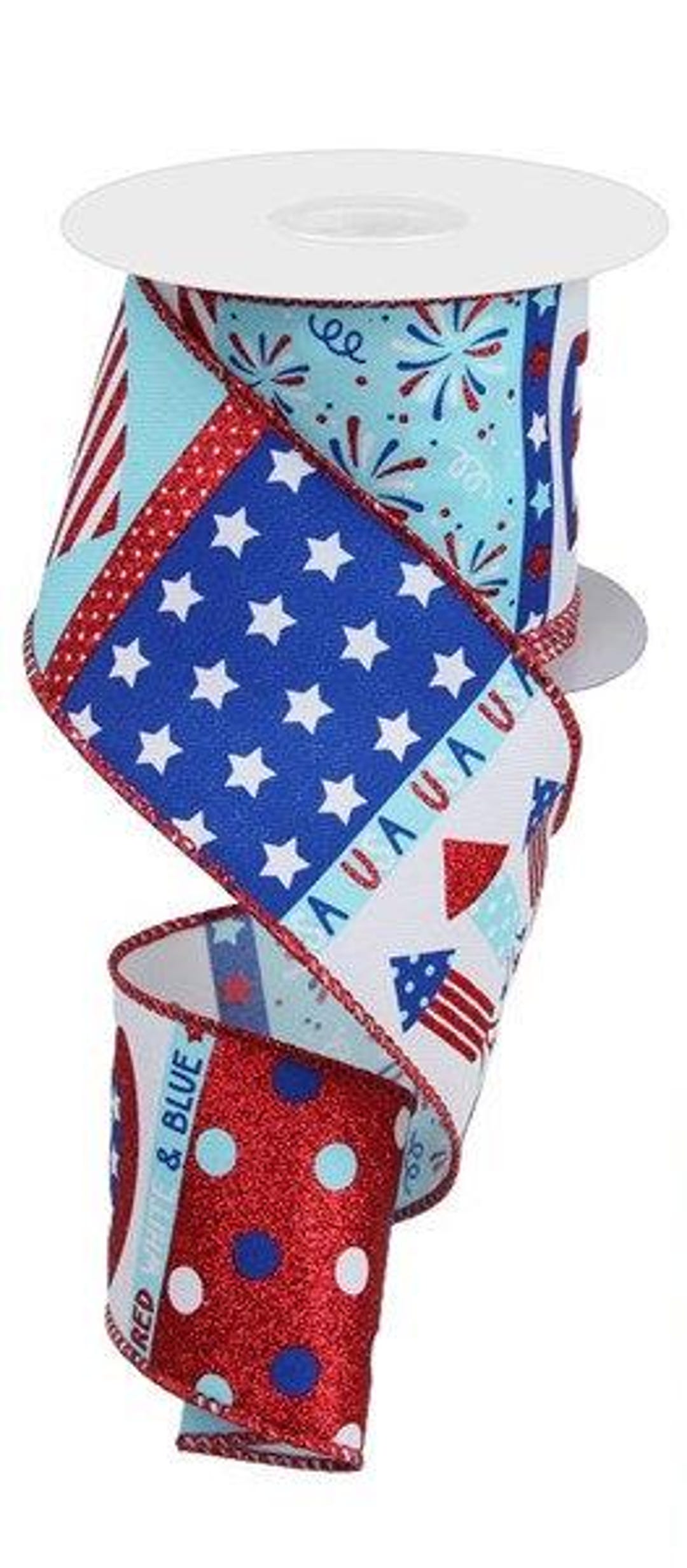 Blue Ribbon Block Patriotic Red White Blue Block Pattern Wired Ribbon, 2.5