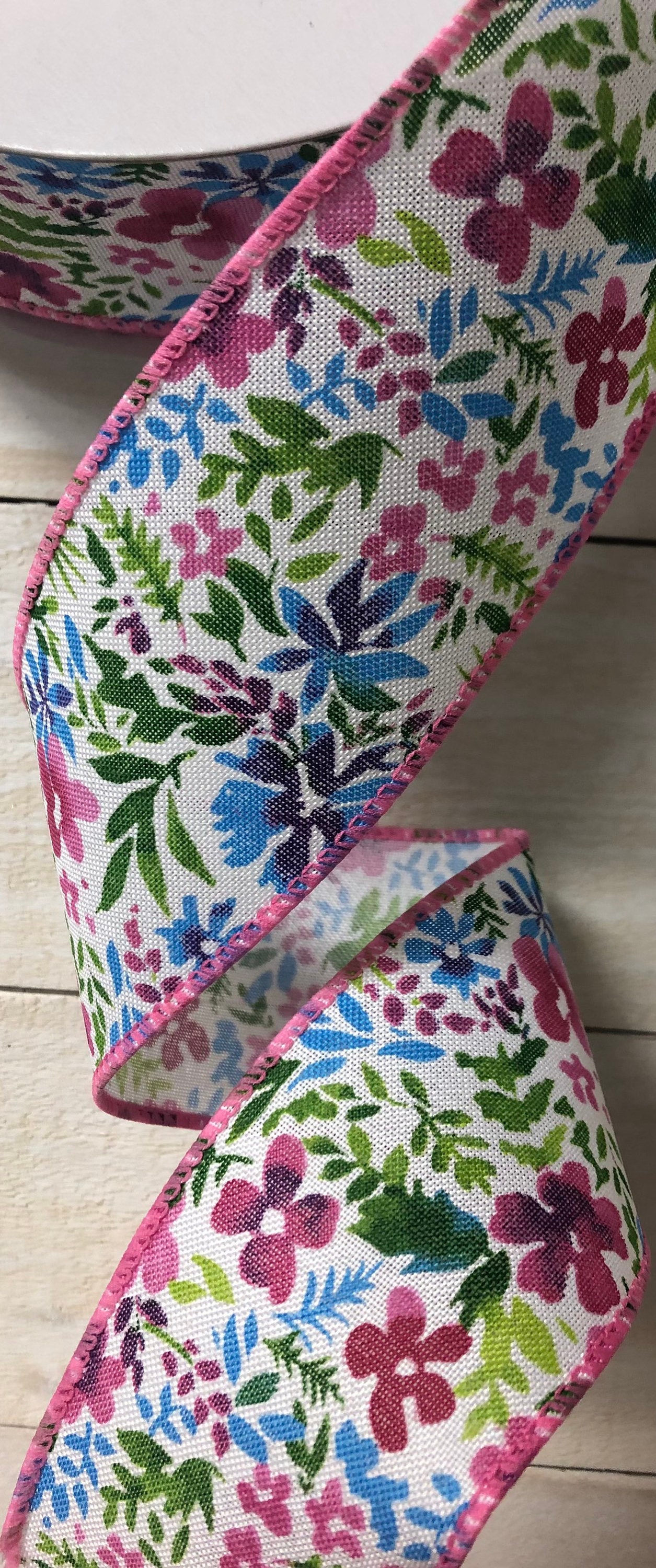 Pink blue watercolor flowers Wired Ribbon, 2.5" floral ribbon, bow ribbon, Wired Ribbon, Flower ribbon, ribbon by the yard, 841-40-028