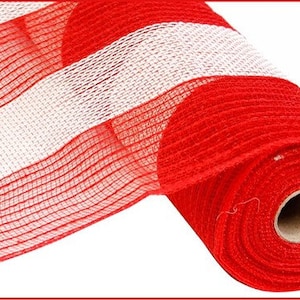 Red White poly faux jute wide stripe mesh, 21&quot; Red White deco mesh, deco mesh rolls, fabric mesh, Christmas Mesh, patriotic mesh, RY900449