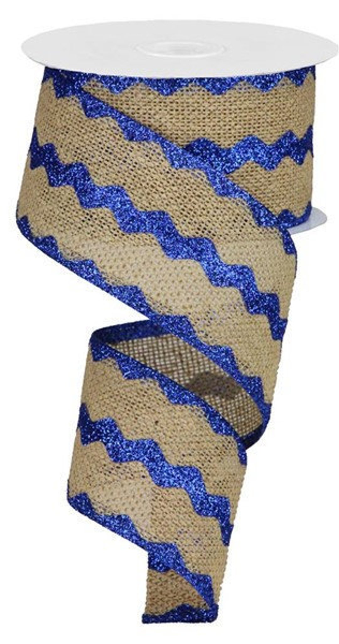 Natural and Blue Glitter Ric Rac Wired Ribbon,2.5