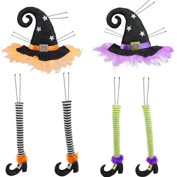 Orange or Purple Witch Hat and Leg Decor Kit, 3 Piece 32 Inch Halloween wreath enhancement, Halloween Decor, buyer chooses color, HH7457