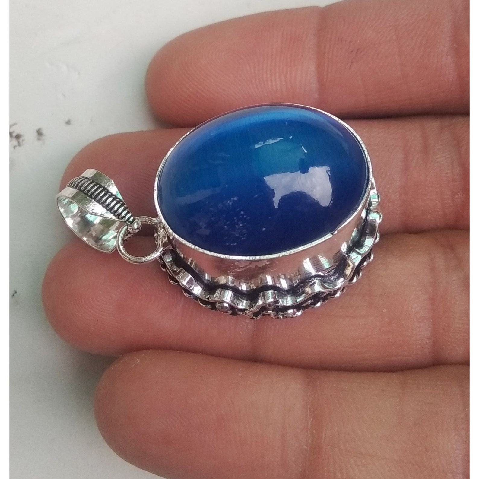 Natural Blue Cat's Eye Moonstone Pendant Silver Plated Etsy