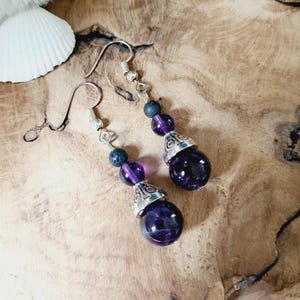 Women&#39;s drop dangle earrings, natural stones, Amethyst, ethnic earrings, silver and purple earrings.