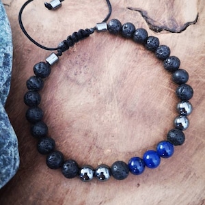 Men&#39;s bracelet, black lava beads and natural hematite and lapis lazuli stone beads.