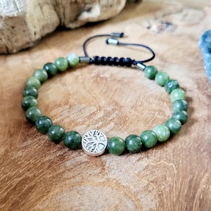 Green nephrite jade women&#39;s bracelet – Metal Tree of Life – Natural stone – Handmade jewelry – Well-being gift – Adjustable size