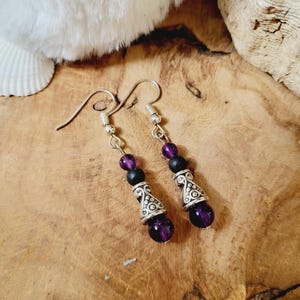 Women&#39;s drop dangle earrings, natural stones, Amethyst, ethnic earrings, silver and purple earrings.