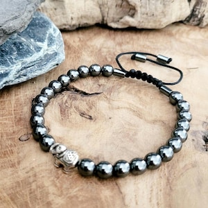 Women&#39;s hematite beaded bracelet - Stainless steel elephant - Natural stone - Handmade jewelry - Protection & anchoring - Adjustable size