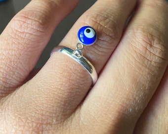 Silver ring - evil eye charm ring - talisman ring - protection ring - adjustable ring - shiny ring - blue evil eye pendant - gift for her -