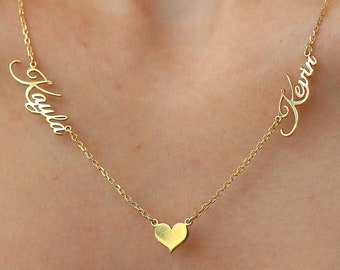 Collar con dos nombres en oro macizo de 14 quilates y dije de corazón • Colgante con dos nombres escritos a mano • Delicado regalo de joyería personalizado para ella