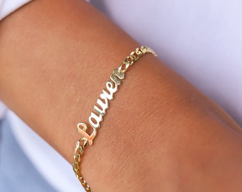 Pulseira personalizada com nome em ouro maciço 14K, pulseira com nome em corrente cubana • Pulseira com placa de nome personalizada em corrente grossa • Pulseira com nome personalizado em estilo cursivo