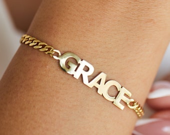 Pulseira com nome em corrente cubana em ouro maciço 14K • Pulseira com nome personalizado • Pulseira com nome em corrente cubana • Pulseira delicada com elos cubanos para presente