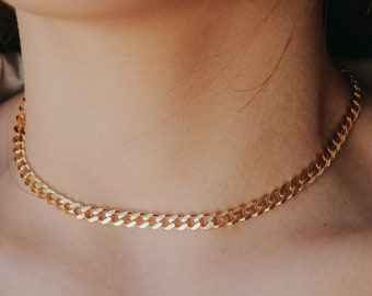 Choker Curb Ketting Ketting, Gouden Curb Chain, Curb Chain Choker, Layering Curb Chain, 925K Sterling Silver Chain Choker, Gelaagde Curb Chain