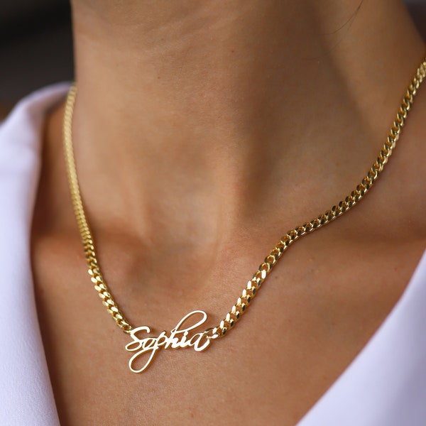 Collar con nombre de 14k, collar con nombre de cadena cubana, collar con nombre de oro, collar con nombre de oro macizo de 14k, joyería con nombre de cadena de acera, collar con nombre de acera