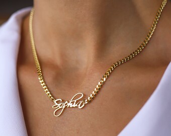 14k Name Necklace, Cuban Chain Name Necklace, Gold Name Necklace,14k Solid Gold Name Necklace, Curb Chain Name Jewelry, Curb Name Necklace