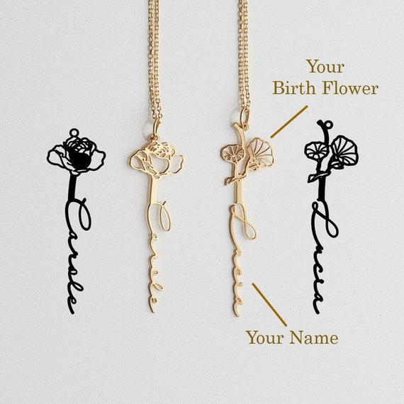 Birth Month Flower Name NEcklace, Birth Flower Necklace, Name Necklace with Birth Flower, Personalized Necklace, Floral Name Necklace BF45R3