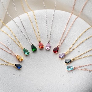 Teardrop Birthstone Necklace, Personalized Gemstone Pendant Family Birthstone Necklace Layering Teardrop Gemstone Necklace Kids' Birthstones