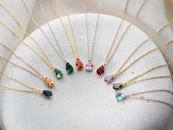 Personalized Teardrop Birthstone Necklace: Sterling Silver Family Pendant