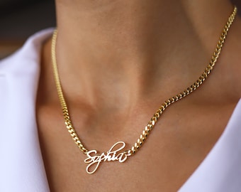 Chunky Gold Curb Chain Name Necklace, Custom Name Necklace on Cuban Chain • Personalized Script Nameplate • Bold Gold Statement Necklace