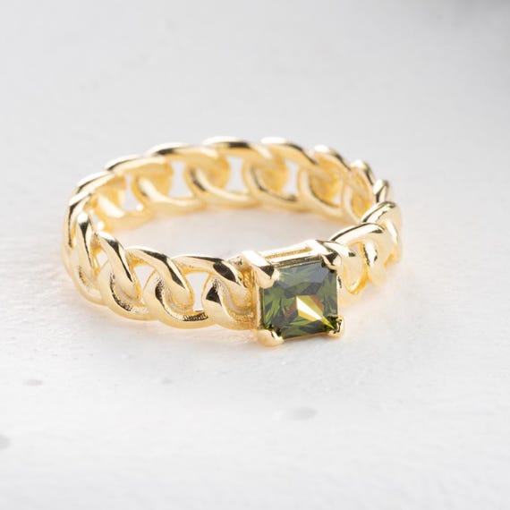 Gold Vermeil Chain Link Ring: Green Peridot Gemstone, Chunky Statement Band