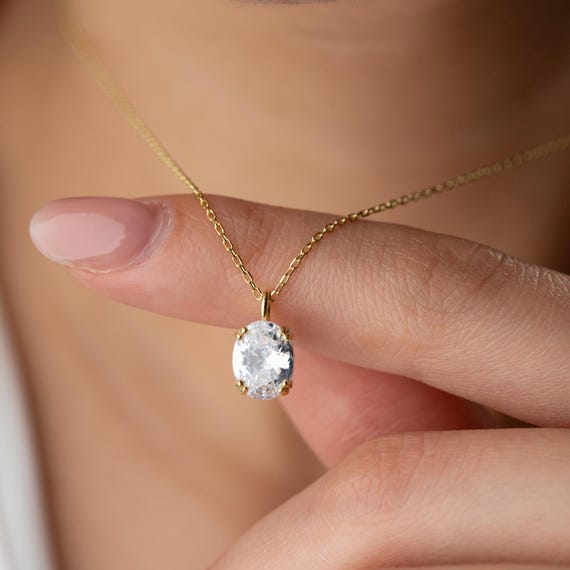Oval CZ Diamond Necklace, Elegant Clear Stone Pendant for Women, Bridal CZ Diamond Necklace, Sparkling Gold Vermeil Necklace, Perfect Bridal