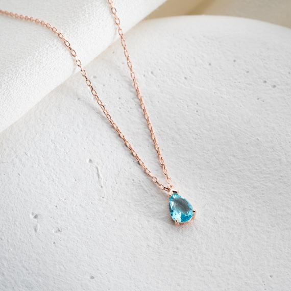 Rose Gold Blue Topaz Necklace: Dainty Teardrop Gemstone Pendant