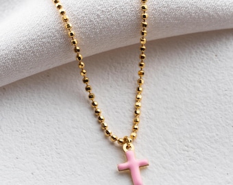 Pink Enamel Cross Necklace • Dainty Gold Cross Pendant • Enamel Cross Charm Necklace • Minimalist Christian Jewelry • Enamel Cross Pendant