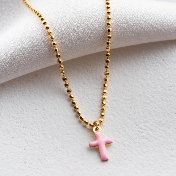 Colorful Cross Pendant, Pink Enamel Cross Religious Pendant, Enamel Cross Necklace, Gold Cross Charm, Enamel Colored Cross Charm Necklace