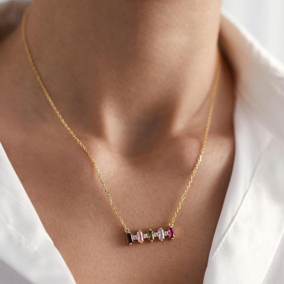 Custom Rainbow Birthstone Bar Necklace: Gold Family Jewelry