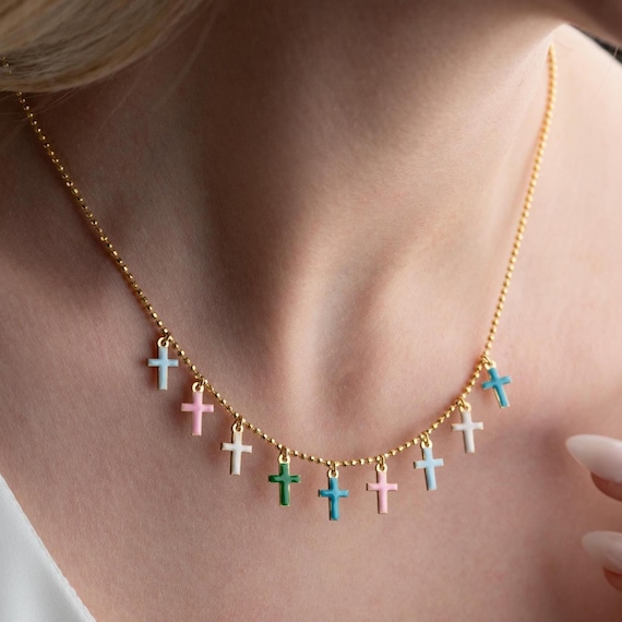 Multiple Enamel Cross Necklace, Multiple Enamel Cross Necklace, Colorful Multiple Cross Necklace, Baptism Gift, Communion Cross Necklace