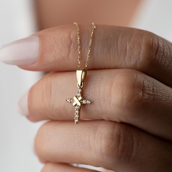 14K Solid Gold Pavé Cross Necklace: Dainty Religious Jewelry Gift