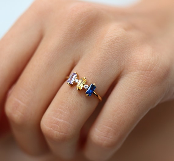Stacking Birthstone Ring, Horizontal stone rings, Birthstone Ring for Women,  Multi-Stone Ring, Meaningful Family Birthstone Ring BS12Q2