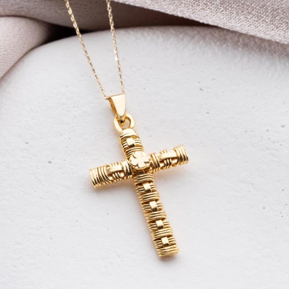 Handmade 14K Solid Gold Cross Necklace, Textured Gold Cross Pendant, Fine Religious Jewelry, 14K Gold Handmade Cross, Intricate Gold Pendant