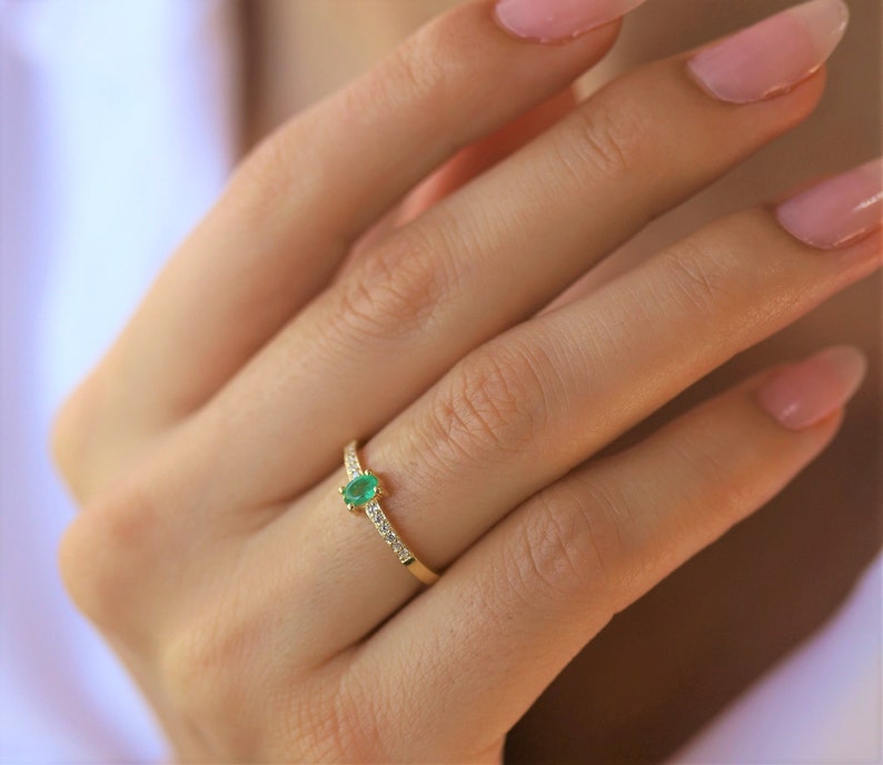 Natural Emerald Gold Rings, Green Emerald Rings, Minimalist Rings, Dainty Ring, Natural Stone Rings, Engagement Rings Birthstone Stone Rings image 6