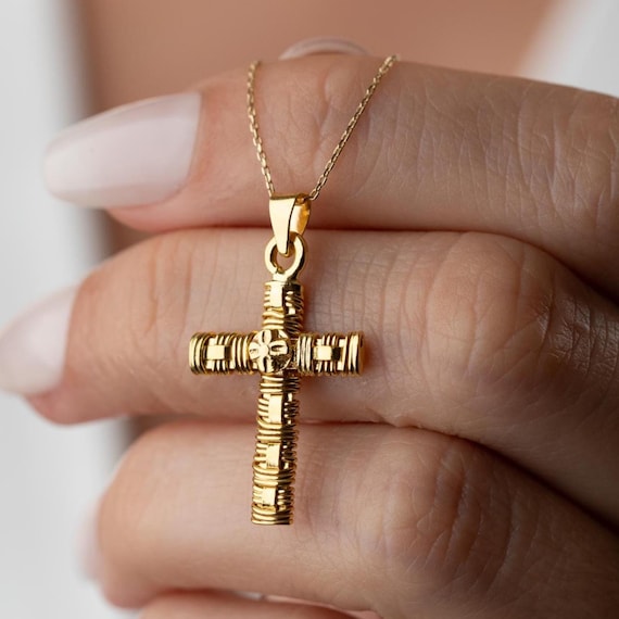 14K Solid Gold Cross Necklace: Elegant Textured Christian Pendant