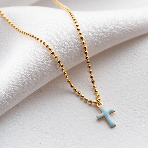 Dainty Blue Cross Necklace, Enamel Blue Color Cross Necklace, Enamel Cross Drop Necklace in Light Blue Enamel, Gold Cross Charm Pendant