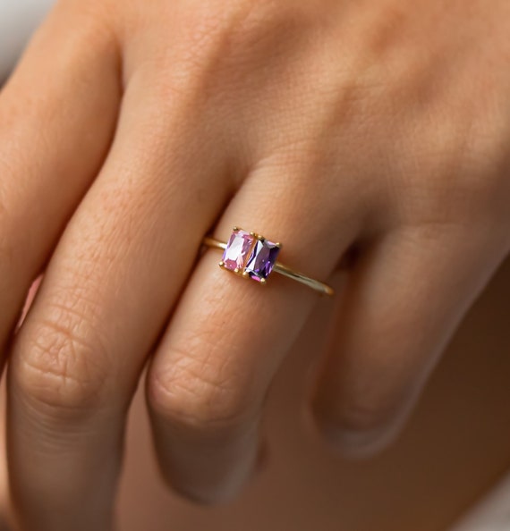 Baguette stone rings, gold gemstone rings, horizontal stone custom rings, Colorful Birthstone rings, Personalized multiple birthstone rings